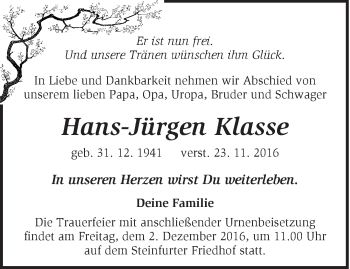 Traueranzeige von Hans-Jürgen Klasse von Märkische Oderzeitung