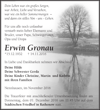 Traueranzeige von Erwin Gronau von Märkische Oderzeitung