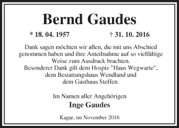 Traueranzeige von Bernd Gaudes von Märkische Oderzeitung