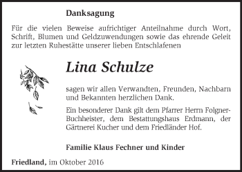 Traueranzeige von Lina Schulze von Märkische Oderzeitung