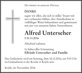 Traueranzeige von Alfred Unterseher von Märkische Oderzeitung