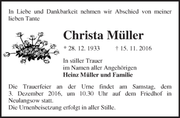 Traueranzeige von Christa Müller von Märkische Oderzeitung