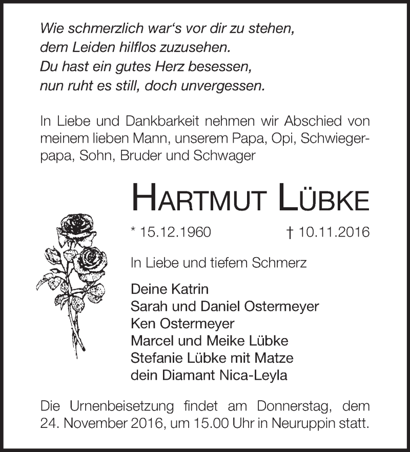  Traueranzeige für Hartmut Lübke vom 19.11.2016 aus Märkische Oderzeitung