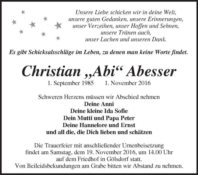  Traueranzeige für Christian Abesser vom 12.11.2016 aus Märkische Oderzeitung