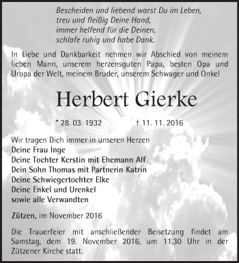 Traueranzeige von Herbert Gierke von Märkische Oderzeitung