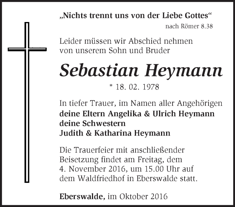  Traueranzeige für Sebastian Heymann vom 02.11.2016 aus Märkische Oderzeitung