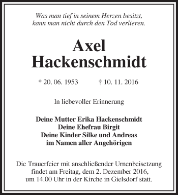 Traueranzeige von Axel Hackenschmidt von Märkische Oderzeitung