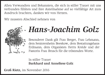 Traueranzeige von Hans-Joachim Golz von Märkische Oderzeitung