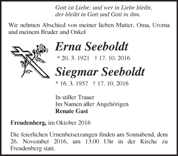 Traueranzeige von Erna und Siegmar Seeboldt von Märkische Oderzeitung