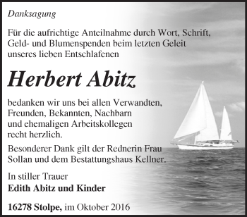 Traueranzeige von Herbert Abitz von Märkische Oderzeitung