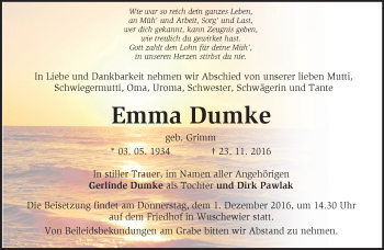 Traueranzeige von Emma Dumke von Märkische Oderzeitung