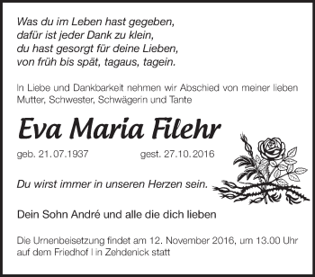 Traueranzeige von Eva Maria Filehr von Märkische Oderzeitung