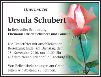 Traueranzeige von Ursula Schubert von Märkische Oderzeitung