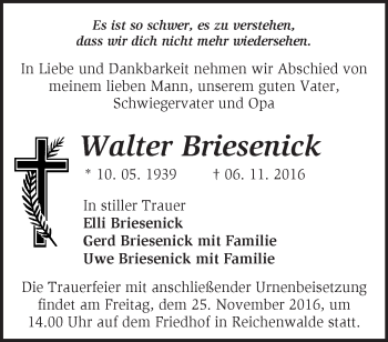 Traueranzeige von Walter Briesenick von Märkische Oderzeitung