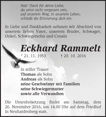 Traueranzeige von Eckhard Rammelt von Märkische Oderzeitung