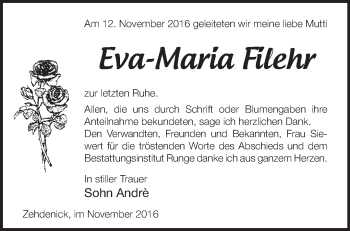 Traueranzeige von Eva-Maria Filehr von Märkische Oderzeitung