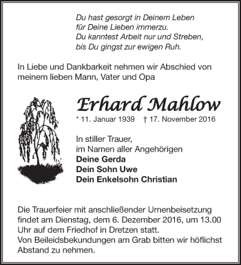 Traueranzeige von Erhard Mahlow von Märkische Oderzeitung