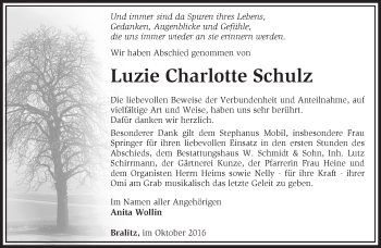 Traueranzeige von Luzie Charlotte Schulz von Märkische Oderzeitung