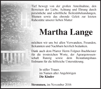 Traueranzeige von Martha Lange von Märkische Oderzeitung