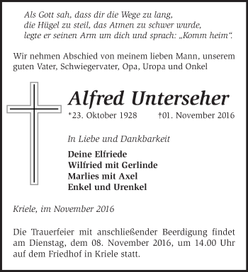 Traueranzeige von Alfred Unterseher von Märkische Oderzeitung