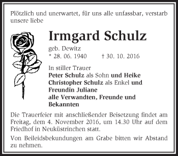 Traueranzeige von Irmgard Schulz von Märkische Oderzeitung