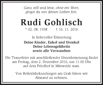 Traueranzeige von Rudi Gohlisch von Märkische Oderzeitung