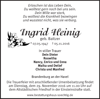 Traueranzeige von Ingrid Heinig von Märkische Oderzeitung