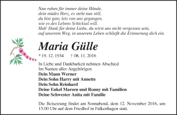 Traueranzeige von Maria Gülle von Märkische Oderzeitung