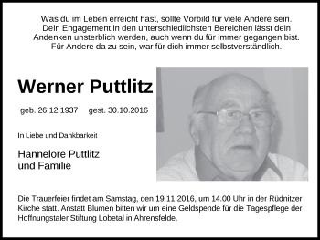 Traueranzeige von Werner Puttlitz von Märkische Oderzeitung