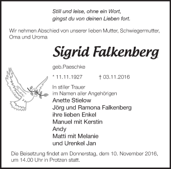 Traueranzeige von Sigrid Falkenberg von Märkische Oderzeitung