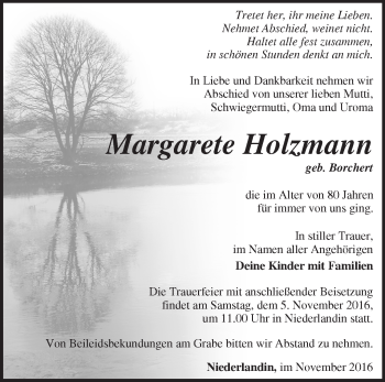 Traueranzeige von Margarete Holzmann von Märkische Oderzeitung