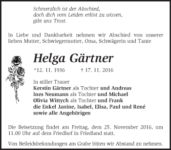 Traueranzeige von Helga Gärtner von Märkische Oderzeitung