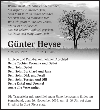 Traueranzeige von Günter Heyse von Märkische Oderzeitung