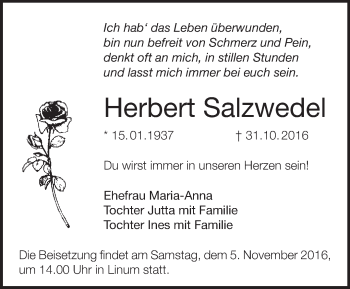 Traueranzeige von Herbert Salzwedel von Märkische Oderzeitung