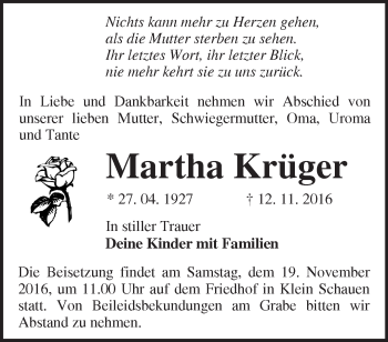 Traueranzeige von Martha Krüger von Märkische Oderzeitung