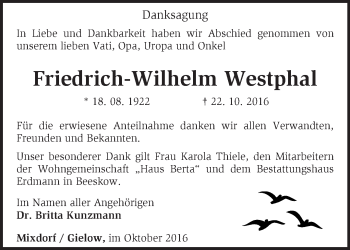 Traueranzeige von Friedrich-Wilhelm Westphal von Märkische Oderzeitung