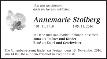 Traueranzeige von Annemarie Stolberg von Märkische Oderzeitung