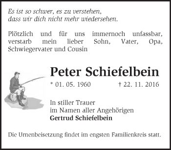 Traueranzeige von Peter Schiefelbein von Märkische Oderzeitung