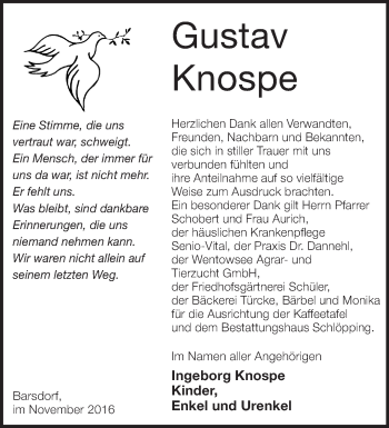 Traueranzeige von Gustav Knospe von Märkische Oderzeitung