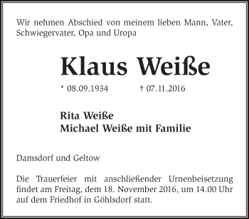 Traueranzeige von Klaus Weiße von Märkische Oderzeitung