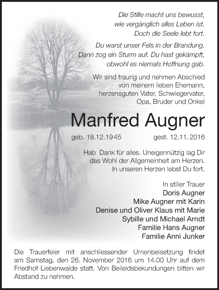  Traueranzeige für Manfred Augner vom 19.11.2016 aus Märkische Oderzeitung