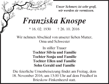 Traueranzeige von Franziska Knospe von Märkische Oderzeitung