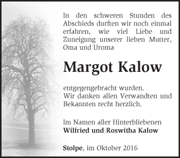 Traueranzeige von Margot Kalow von Märkische Oderzeitung