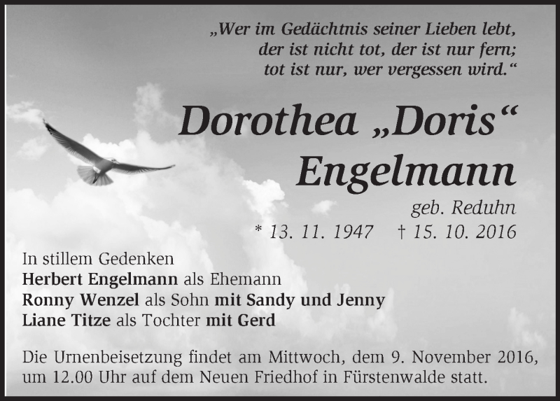  Traueranzeige für Dorothea Engelmann vom 05.11.2016 aus Märkische Oderzeitung