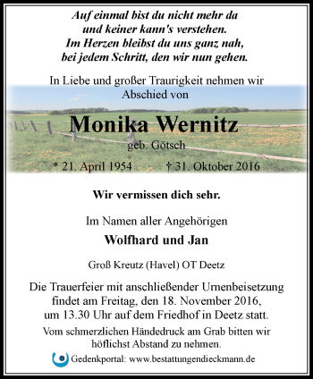 Traueranzeige von Monika Wernitz von Märkische Oderzeitung