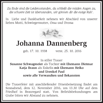 Traueranzeige von Johanna Dannenberg von Märkische Oderzeitung