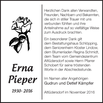 Traueranzeige von Erna Pieper von Märkische Oderzeitung