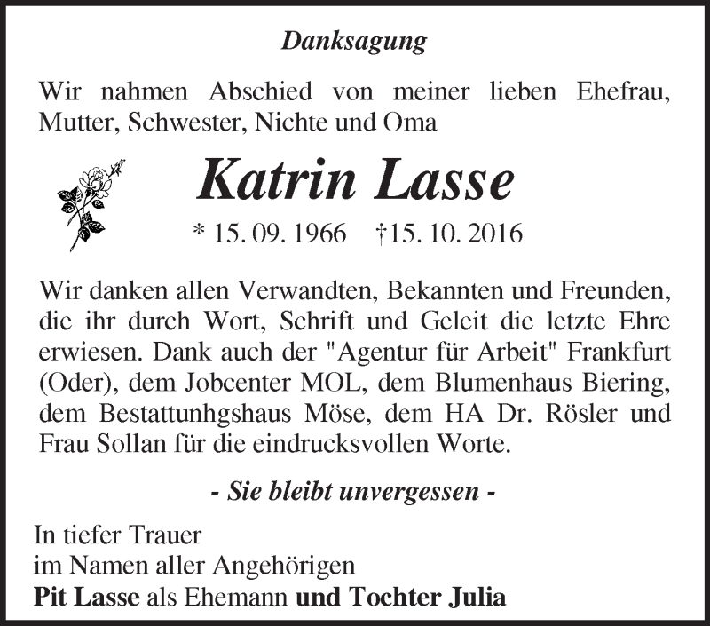  Traueranzeige für Katrin Lasse vom 24.11.2016 aus Märkische Oderzeitung