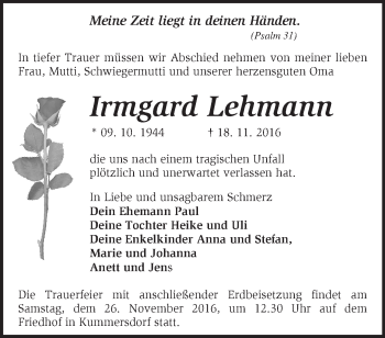 Traueranzeige von Irmgard Lehmann von Märkische Oderzeitung