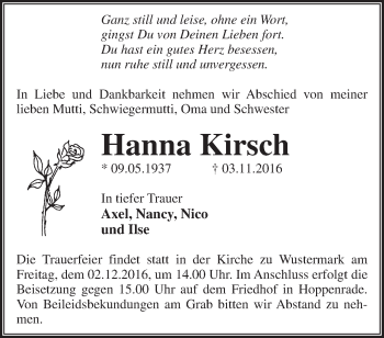 Traueranzeige von Hanna Kirsch von Märkische Oderzeitung